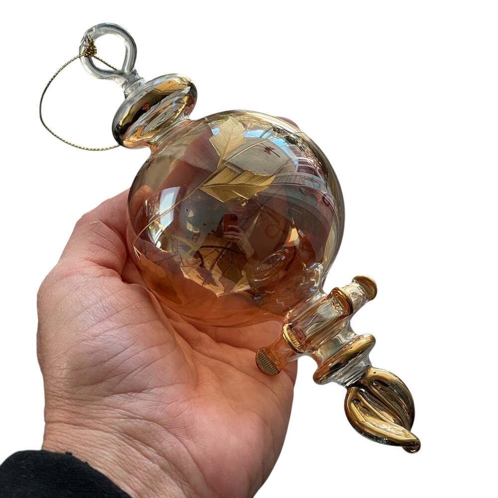 Egyptian Hand Blown Clear Glass Ornament Gold Etched Trim Grapes Christmas READ